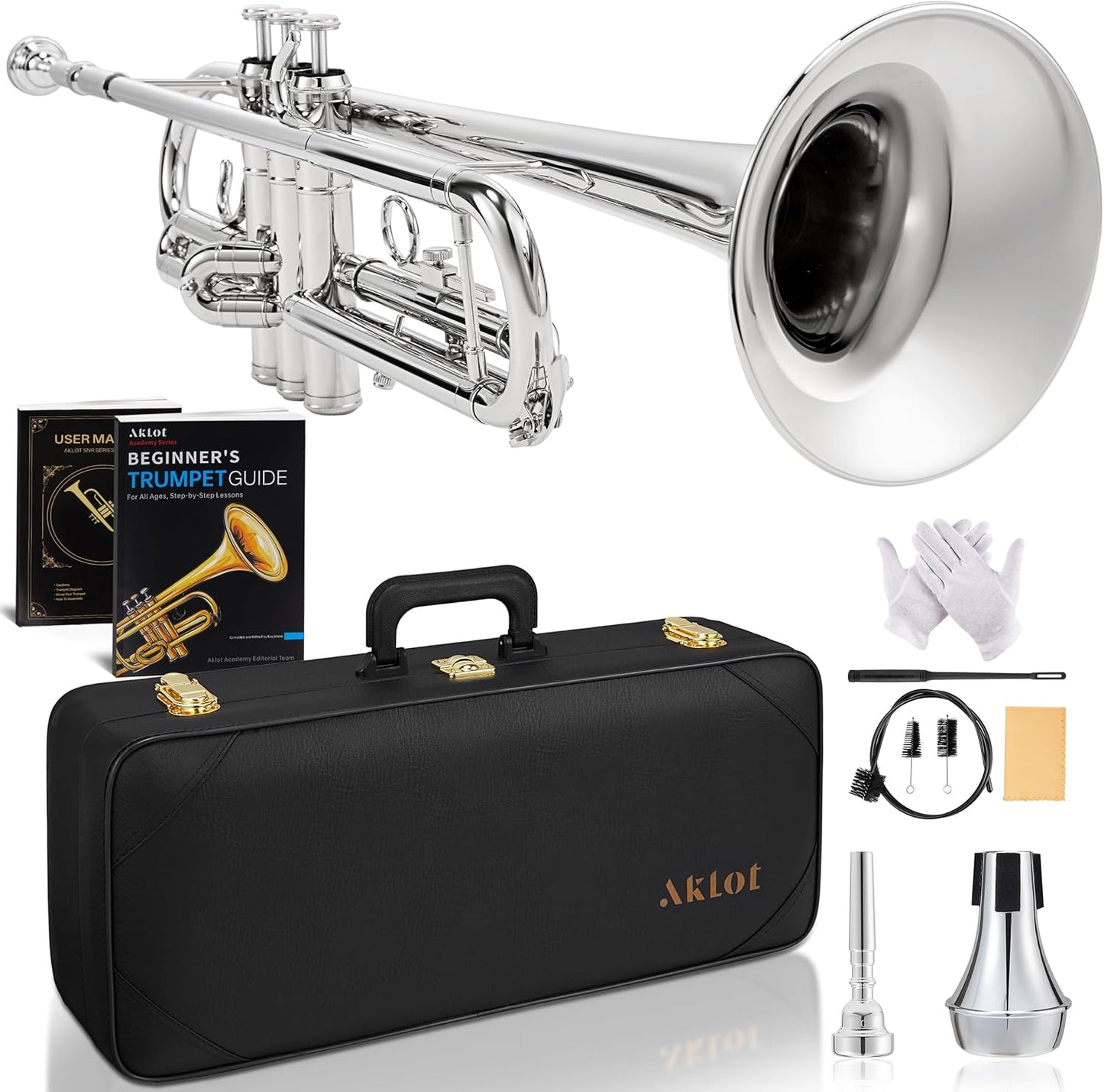 AKLOT Hand-Hammered Bb Trumpet Set for Beginners with Case