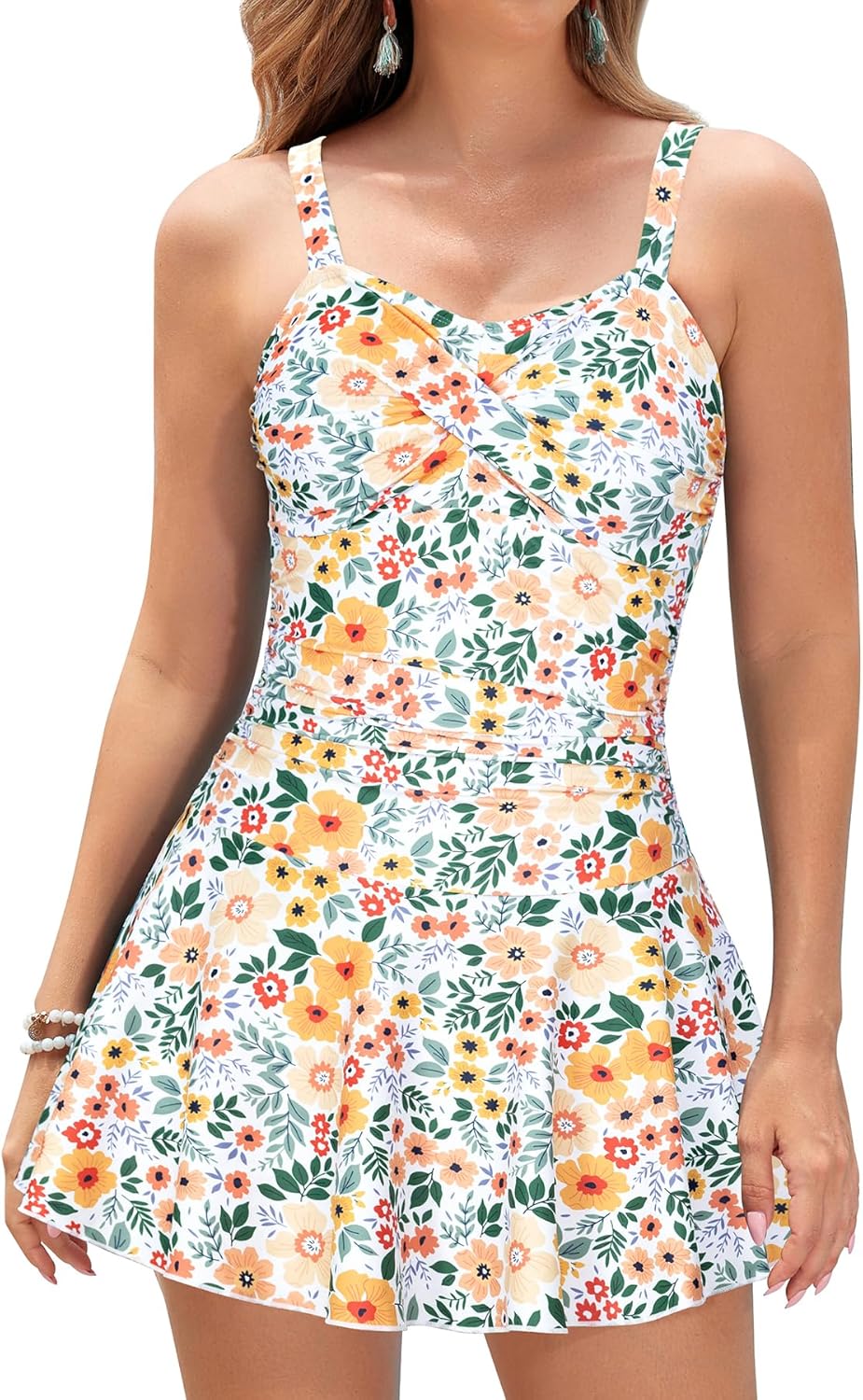 SHEKINI Women's Crossover Ruched Skirt One Piece Swimdress