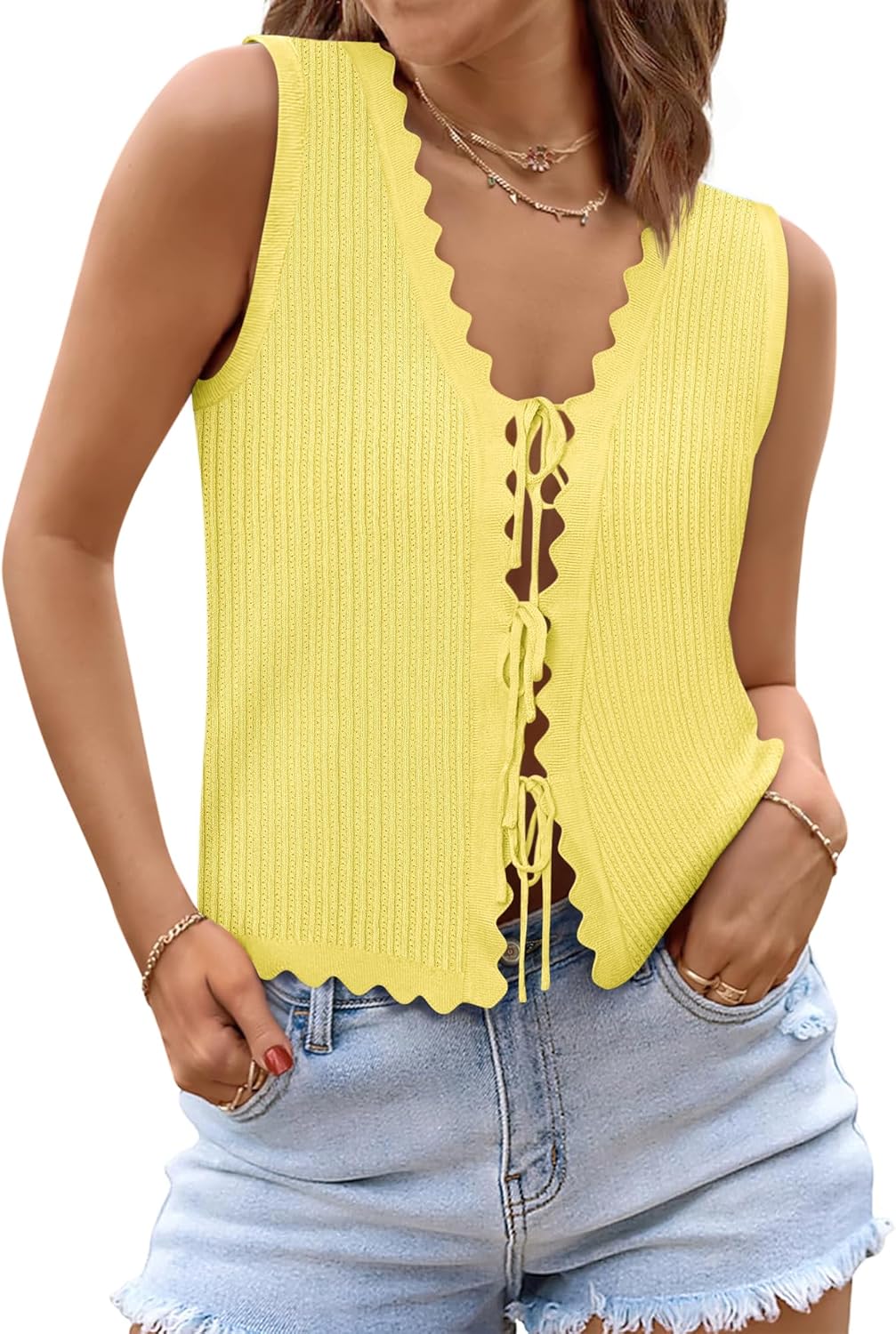 Womens Tie Front Tops Trendy 2025 Summer V Neck Sleeveless Sweater