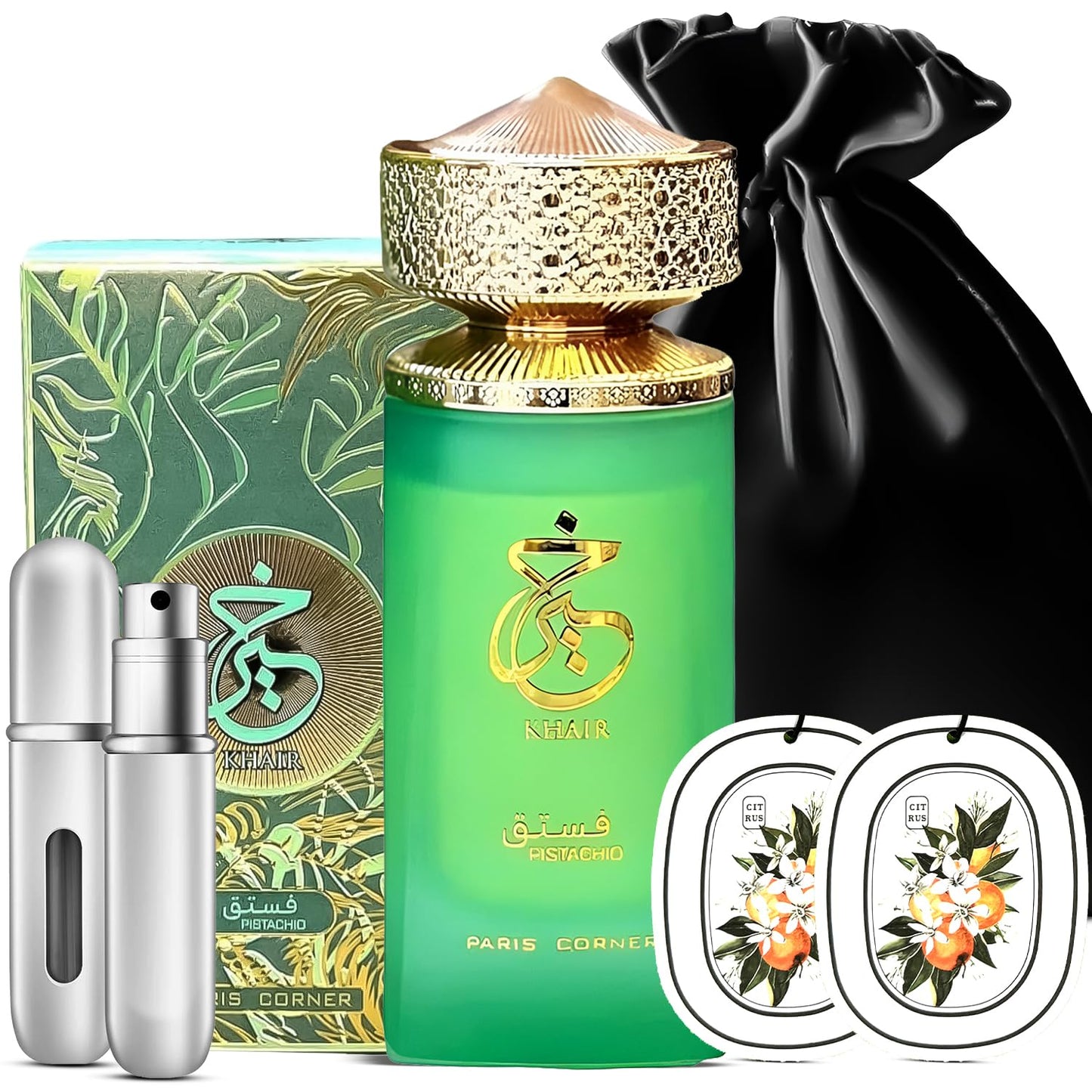 Khair Pistachio Perfume Gift Set with Travel Bottle & Fresheners