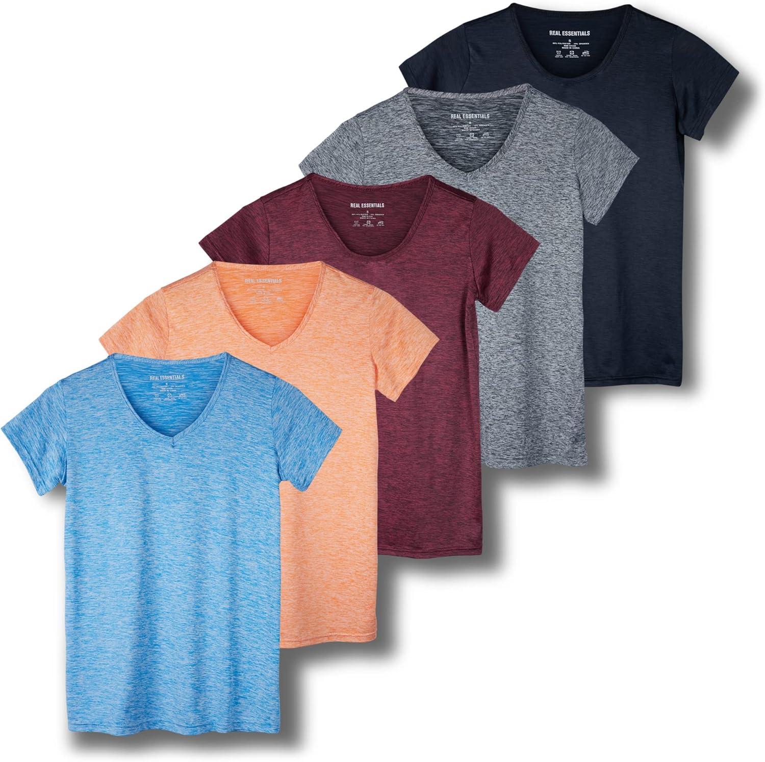 Real Essentials Women's Dry Fit V Neck Workout Tops 5 Pack
