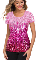 MANER Womens Full Sequin Tops Glitter Party Shirt Short Sleeve Dance