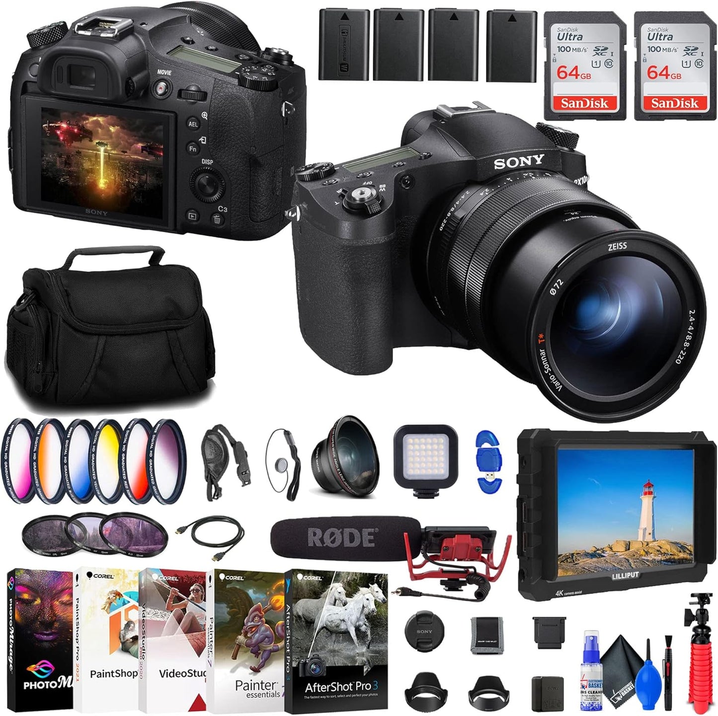 Sony RX10 IV Camera Bundle: 4K Monitor, Rode Mic, Lenses, Battery & More