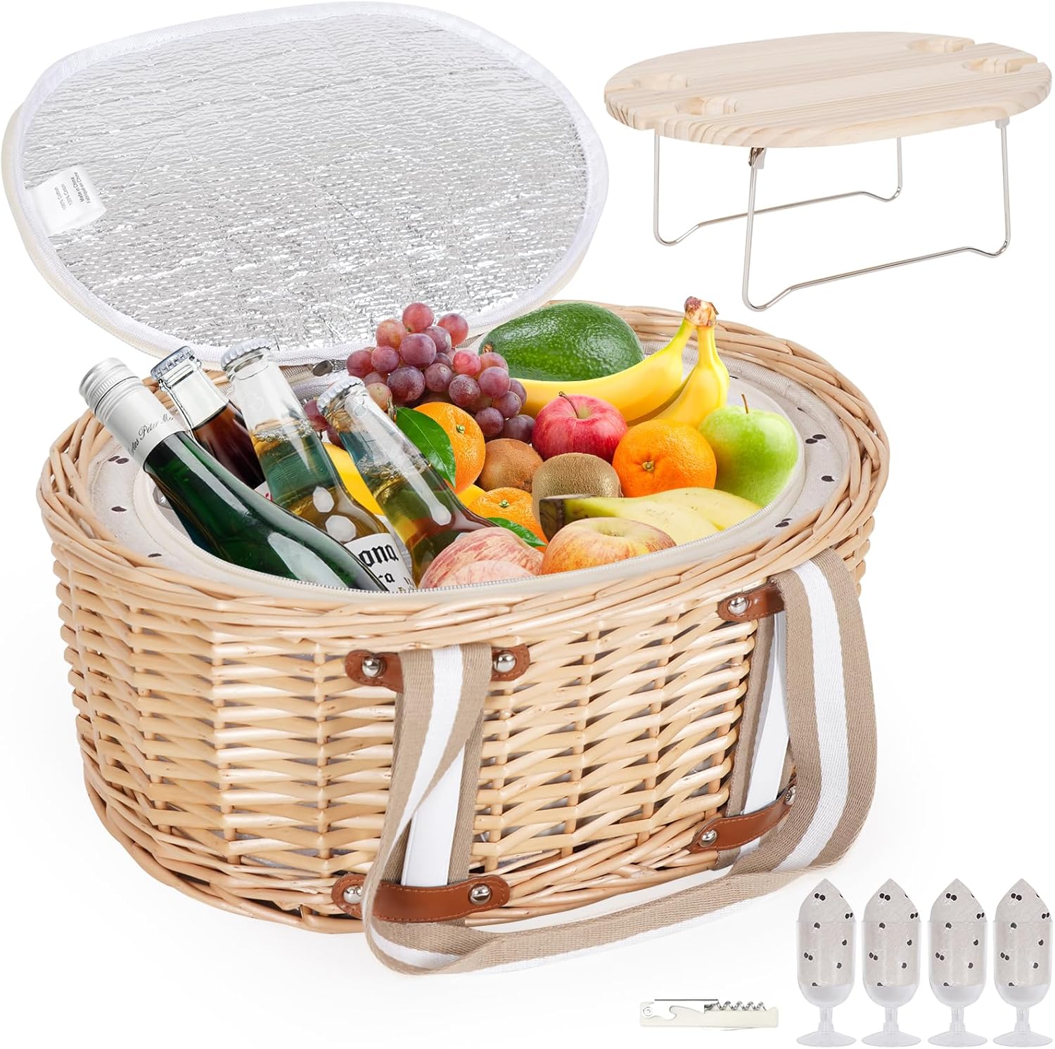 Picnic Basket Set for 4 - Wicker Insulated with Wine Table