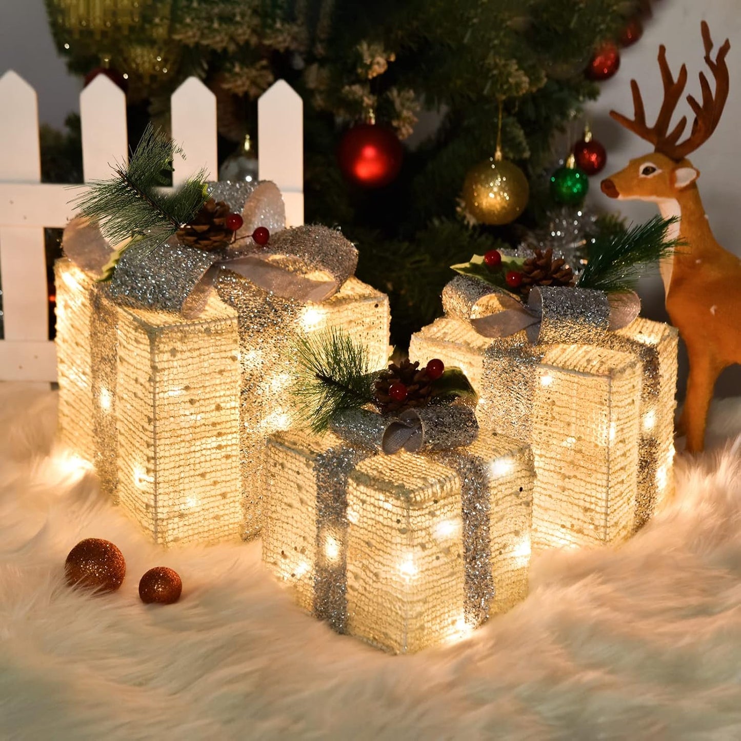 Christmas Lighted Gift Boxes Set for Holiday Indoor Outdoor Decor