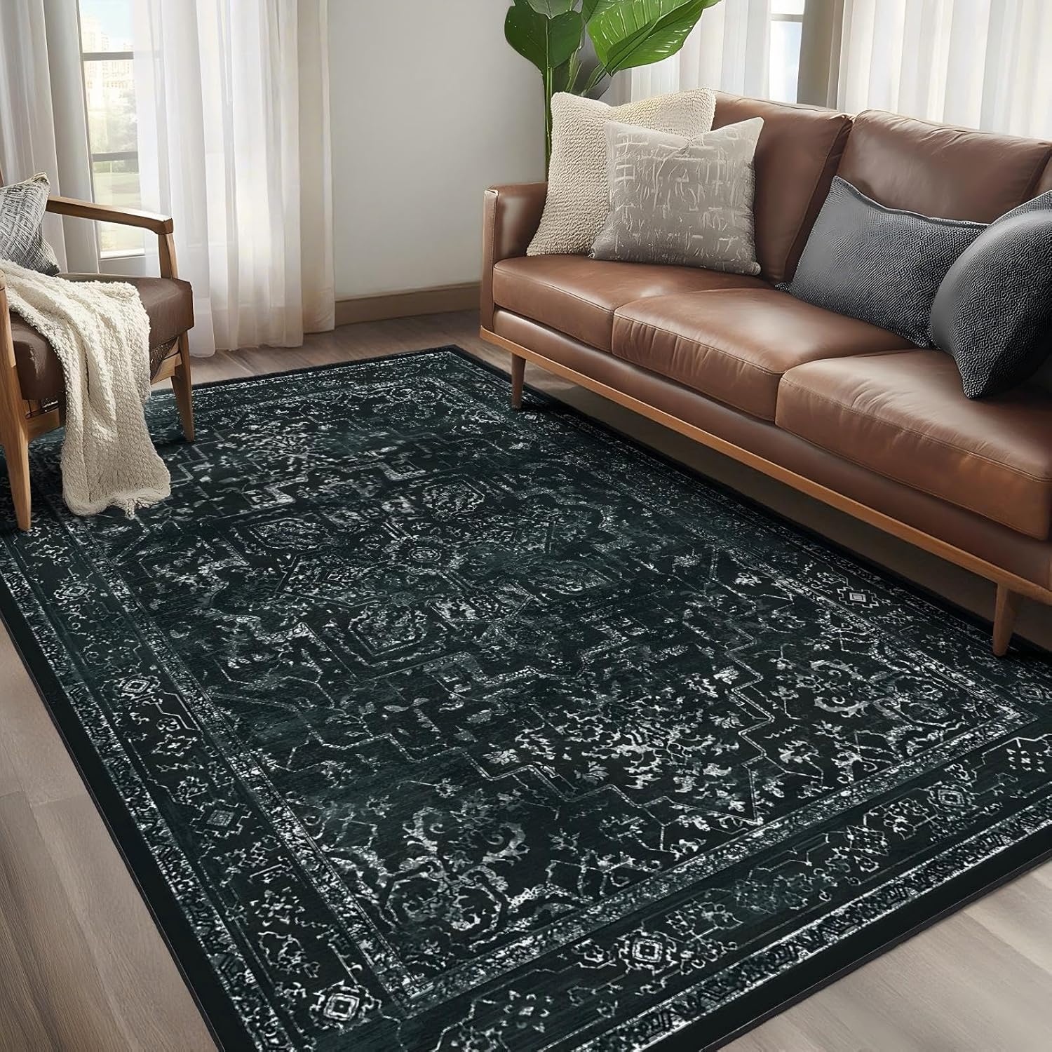 Vintage Black Washable Area Rugs 5x7 for Living Room and More