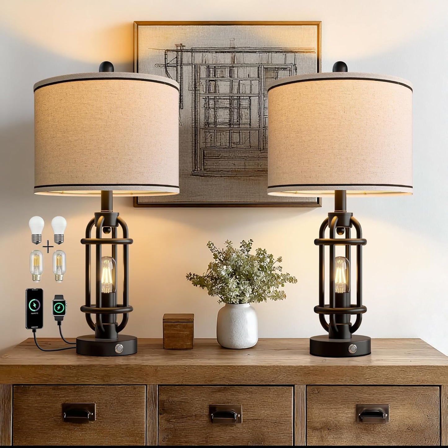 24in Table Lamps Set of 2 with USB Ports for Living Room Use