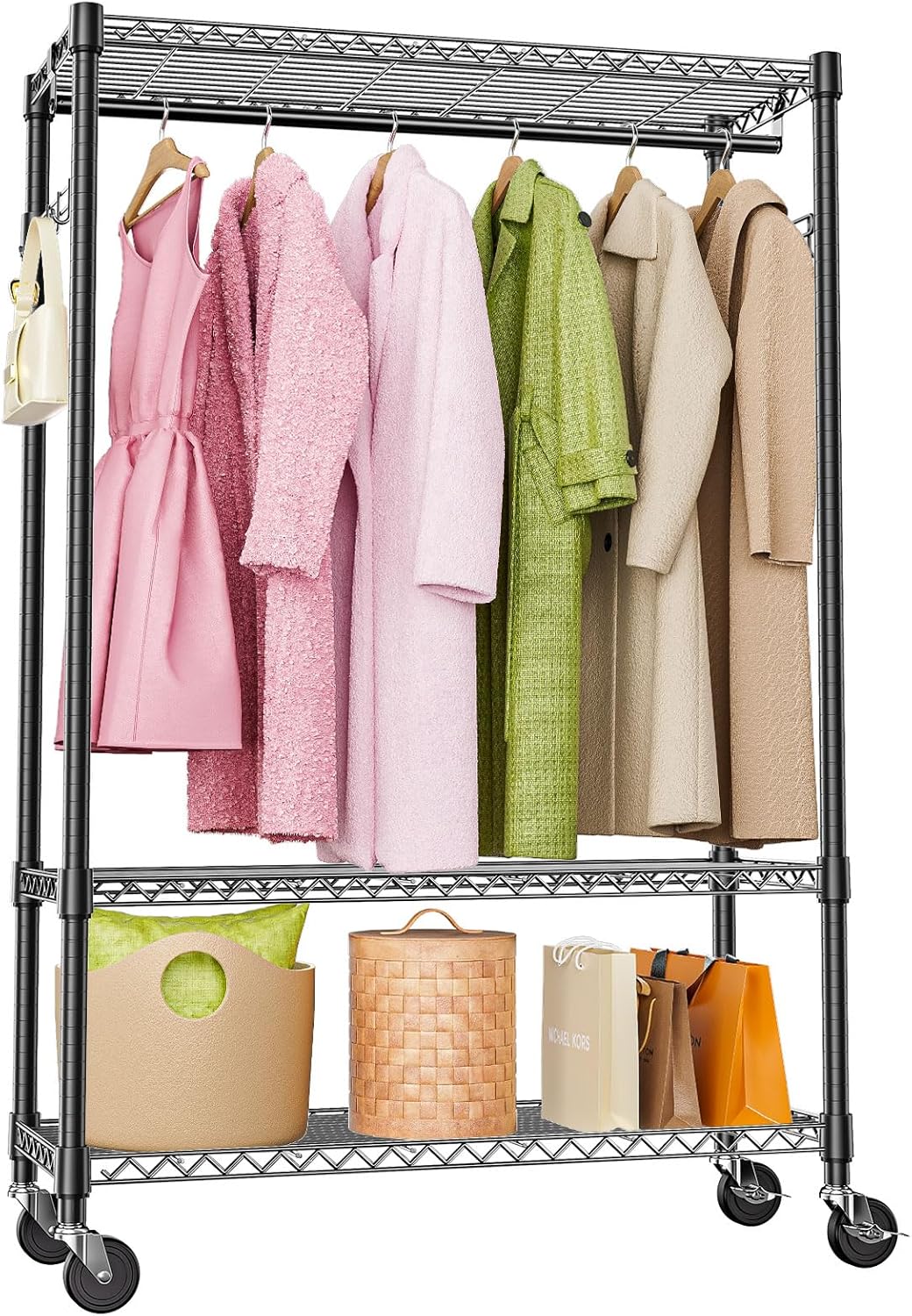 Heavy Duty Rolling Garment Rack with Adjustable Shelving and Hooks