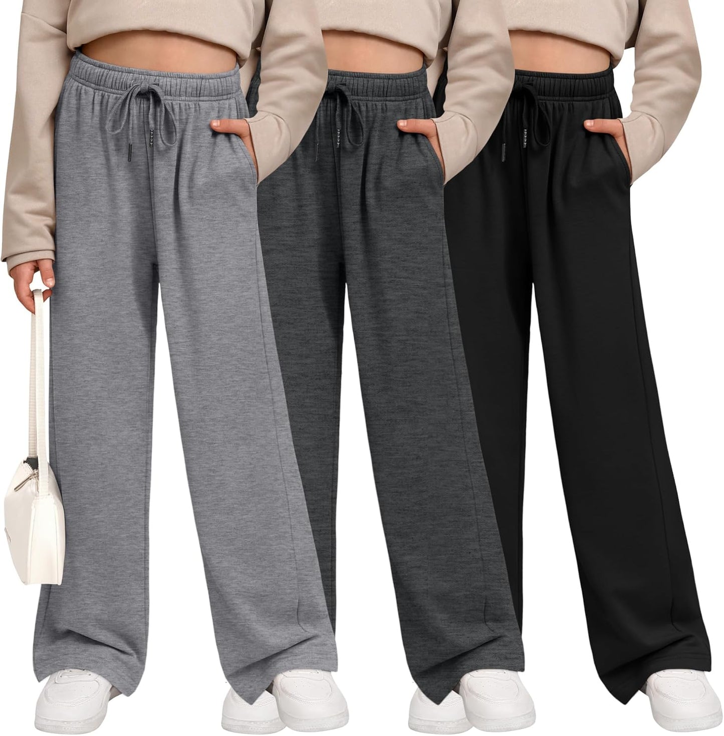 3 Pack Girls' Sweatpants Wide Leg Casual Joggers with Pockets