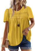 Womens Summer Tops Crochet Ribbed Short Sleeve Tunic - Flowy Hem