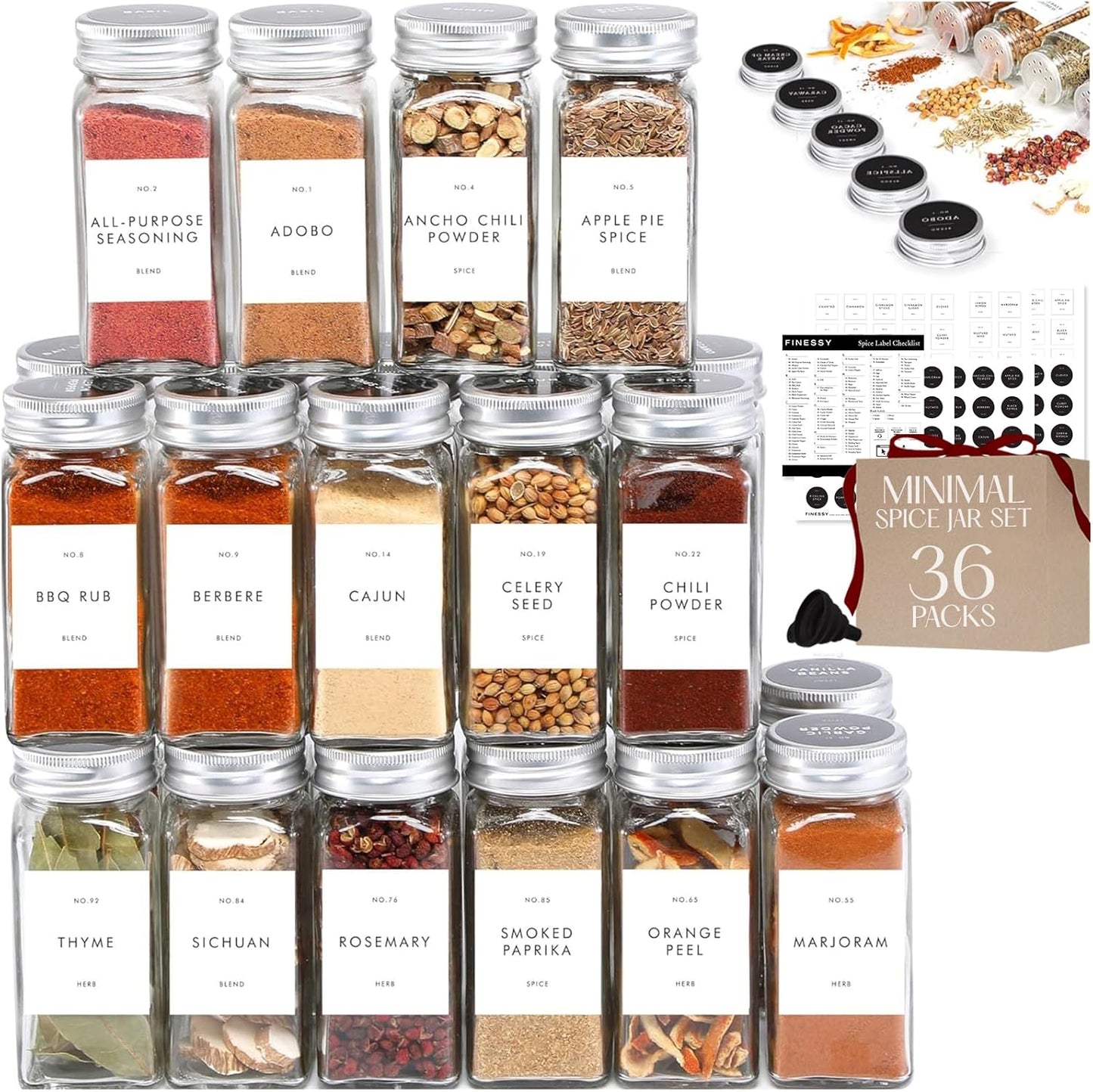 Minimalist Glass Spice Jars Set with Labels and Metal Lids