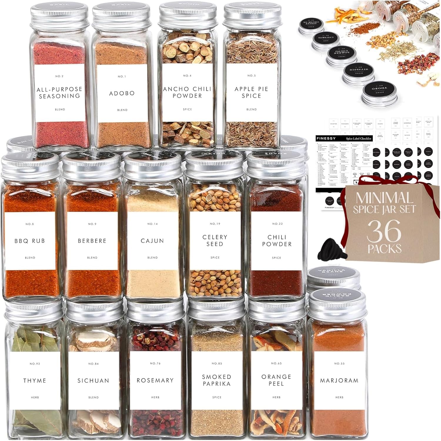 Minimalist Glass Spice Jars Set with Labels and Metal Lids