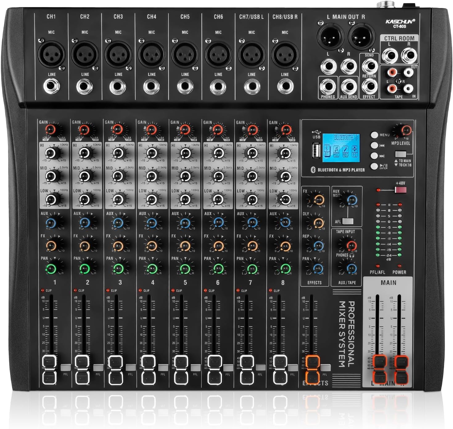 Professional 8 Channel Mixer with Bluetooth and USB Recording