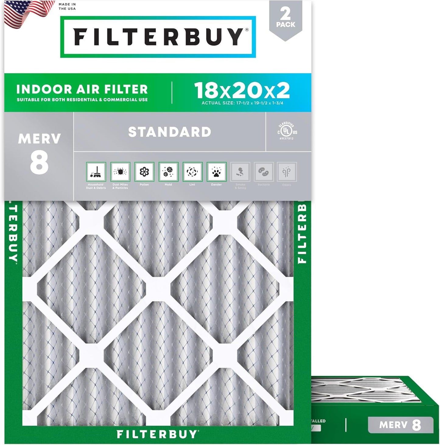 Filterbuy 18x20x2 Air Filter MERV 8 for Dust & Allergy Defense
