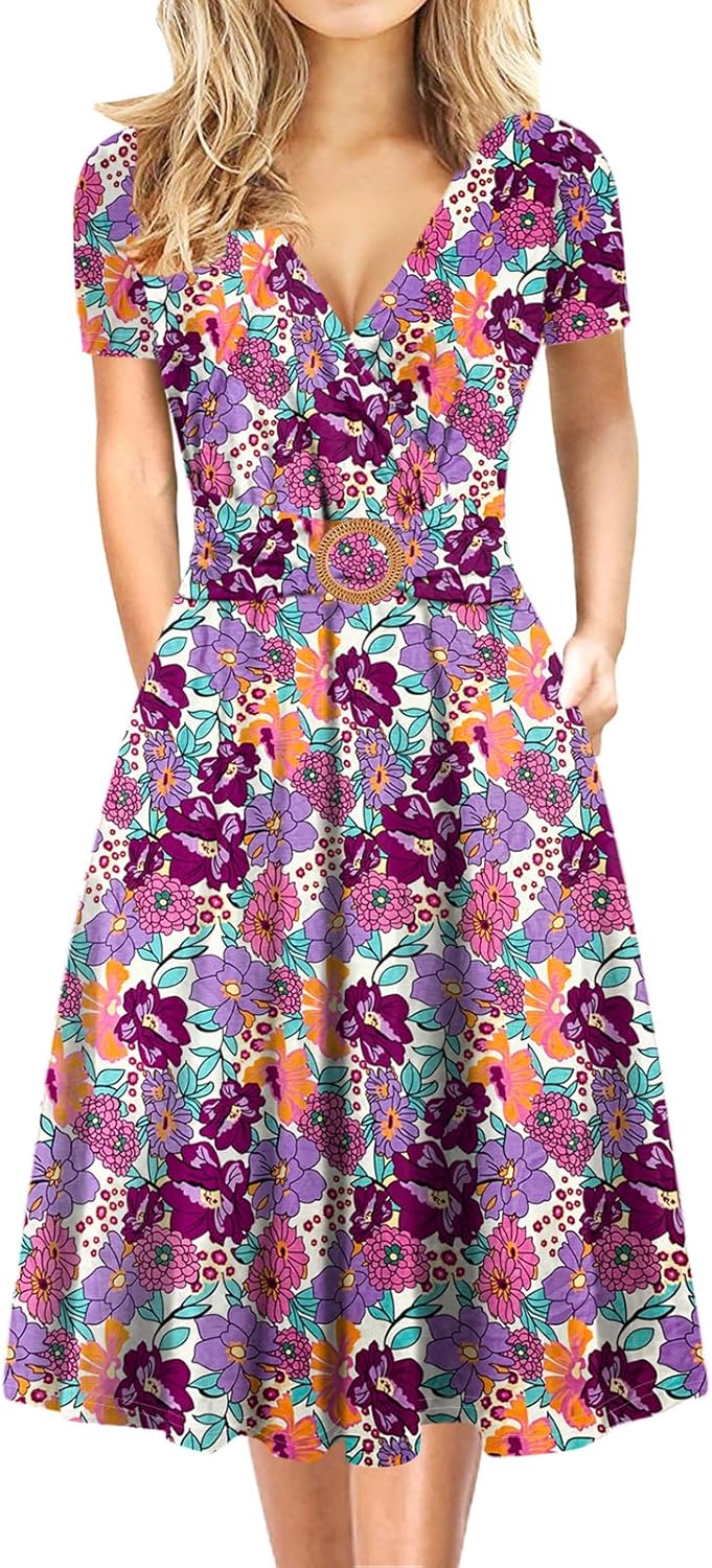 Elegant Criss-Cross V Neck Vintage Short Sleeve Dress with Pockets