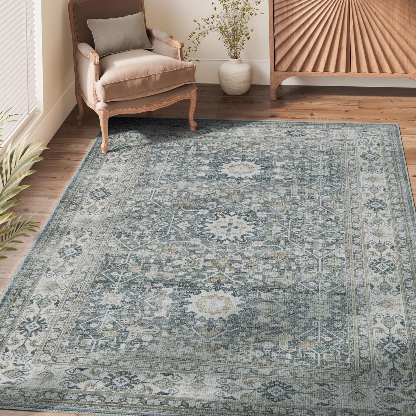 Vintage Distressed Gray Multi Floral Area Rug for Living Room