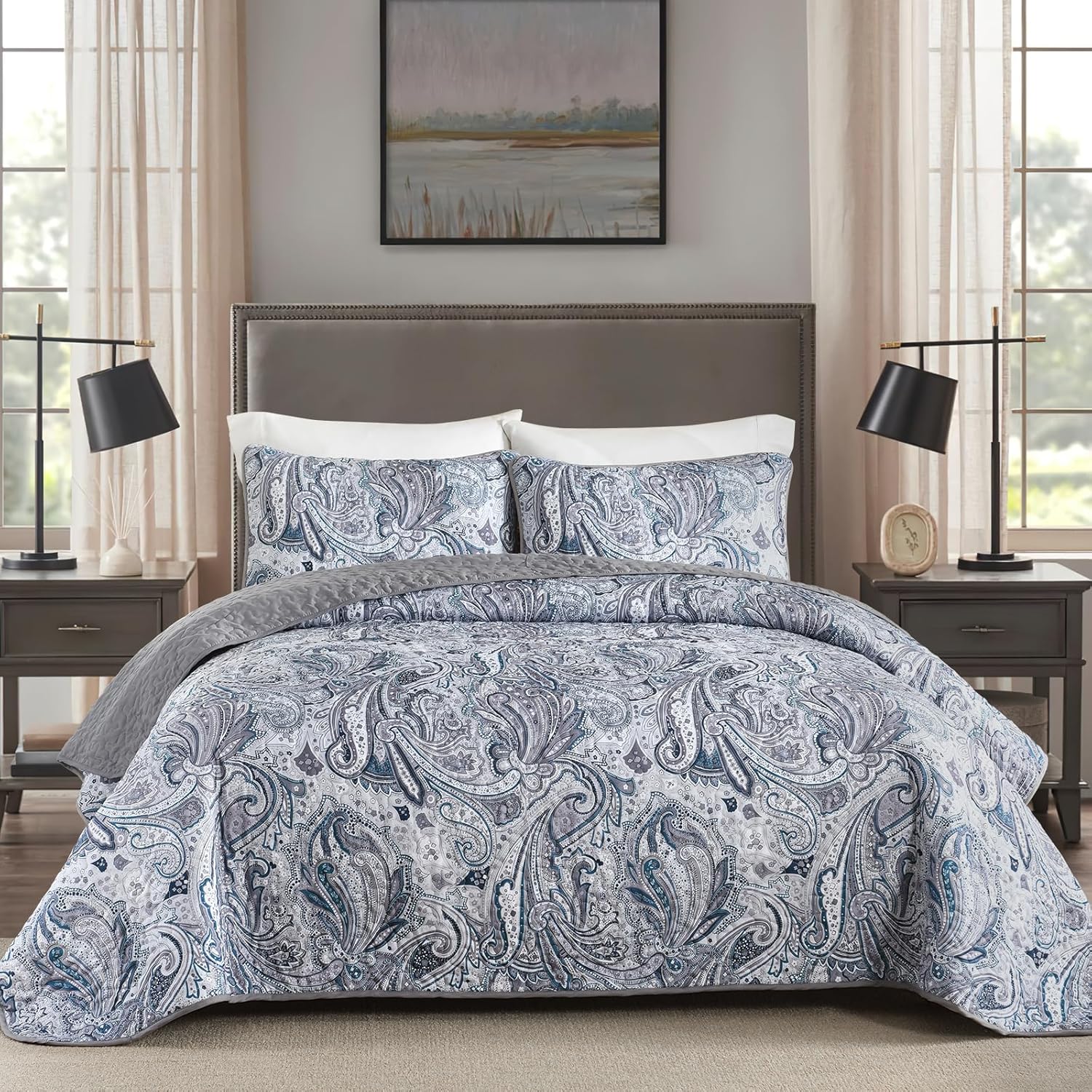 DJY Grey Quilt Set Queen Size Boho Bedspread Coverlet Set