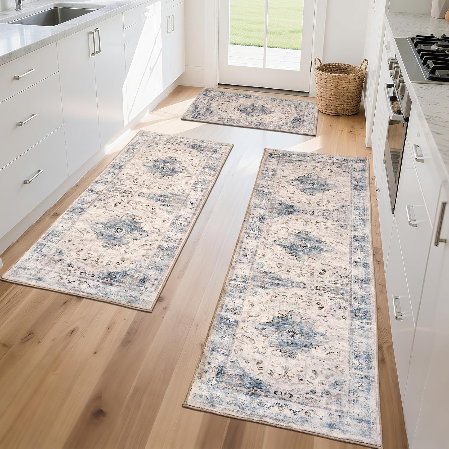 Boho Kitchen Rug Set 3Pcs Non Slip Washable for Farmhouse Decor