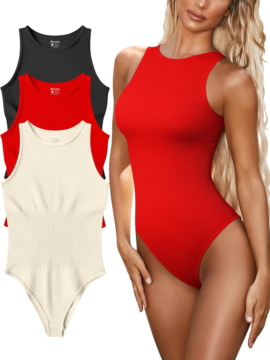 OQQ Women's 3 Piece Bodysuits Sexy Ribbed Halter Neck Tops