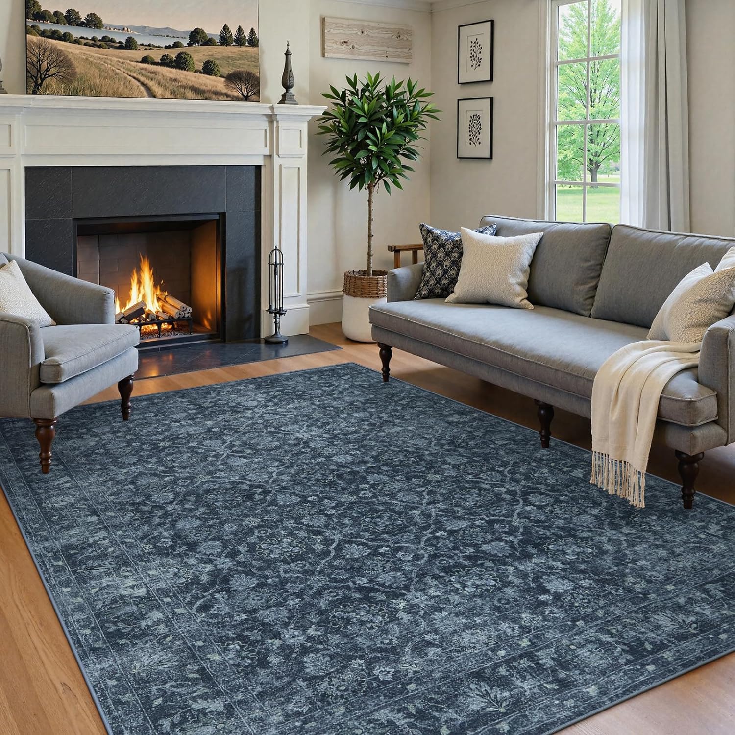 Vintage Navy Blue Rugs for Bedroom - Washable 5x7 Moroccan Rug