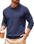 Men Long Sleeve Polo Sweater Knitted Slim Fit Waffle Collared Pullover