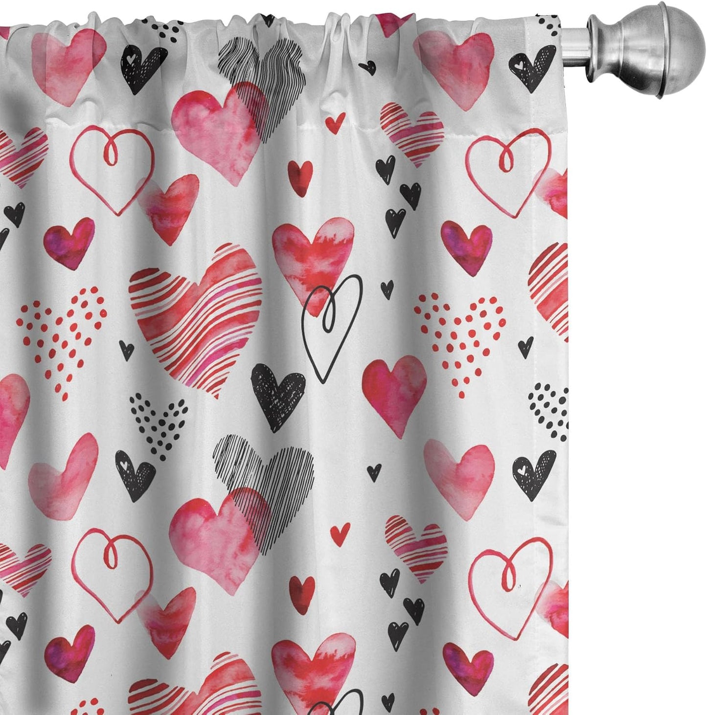 Ambesonne Valentine Window Curtains - Romantic Heart Art, Lightweight Set of 4 Panels, 28 x 63, Black White Pale Pink