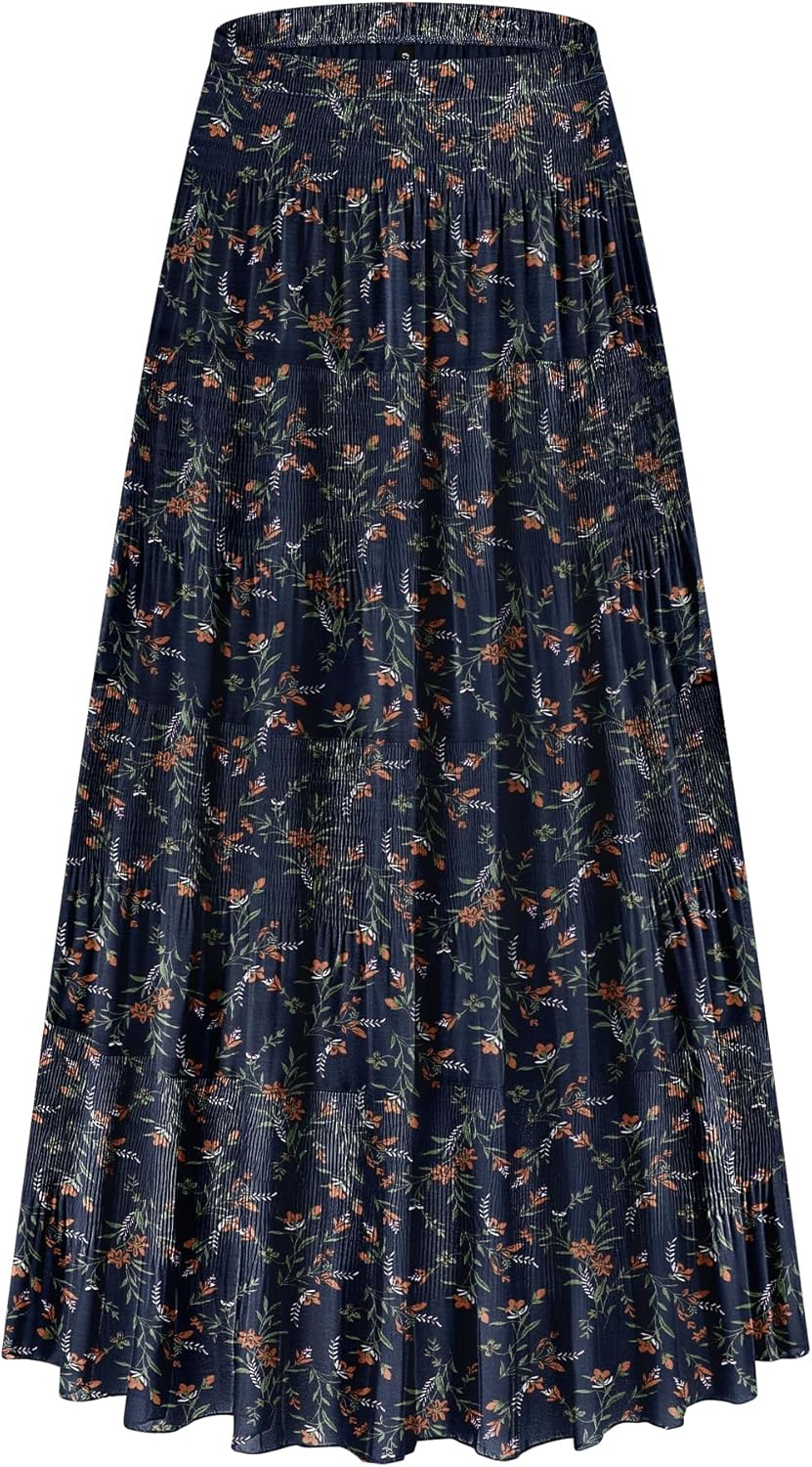 Chiffon Elastic High Waist Tiered Pleated Floral Maxi Skirt