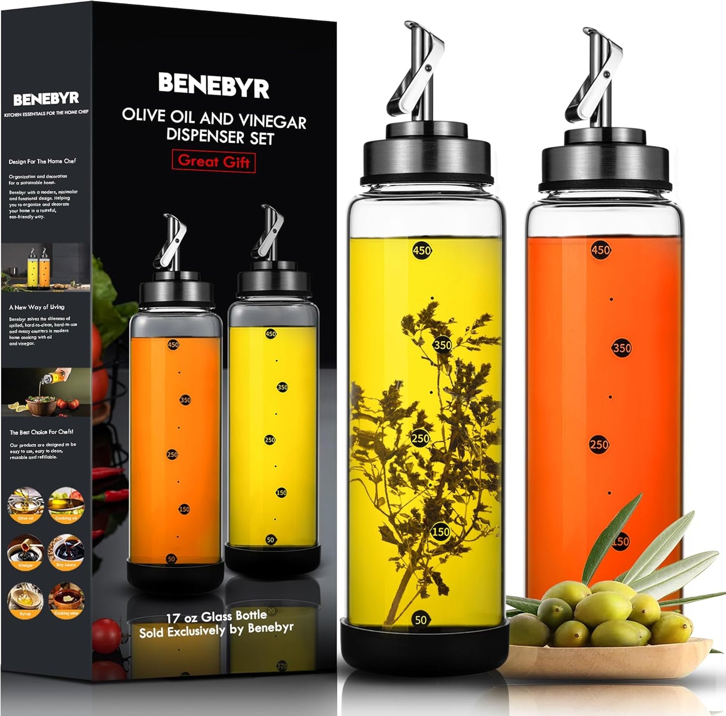 Glass Olive Oil Dispenser Bottle Set for Kitchen Use 17 oz