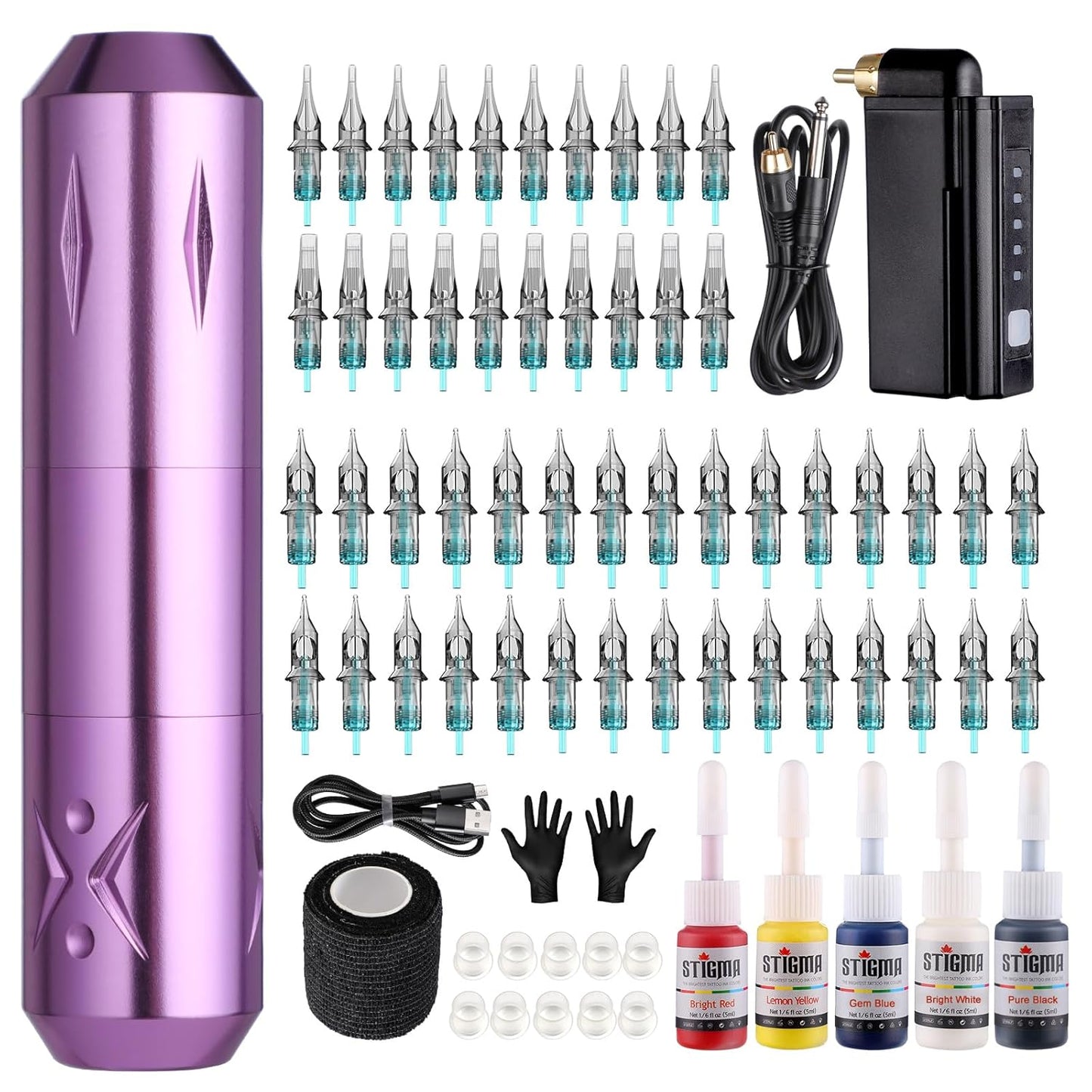 STIGMA Wireless Tattoo Gun Kit with 50pcs Needles and Ink Set