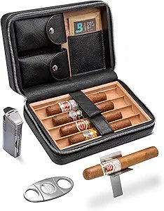 Flauno Travel Cigar Case with Cedar Wood and Jet Flame Lighter