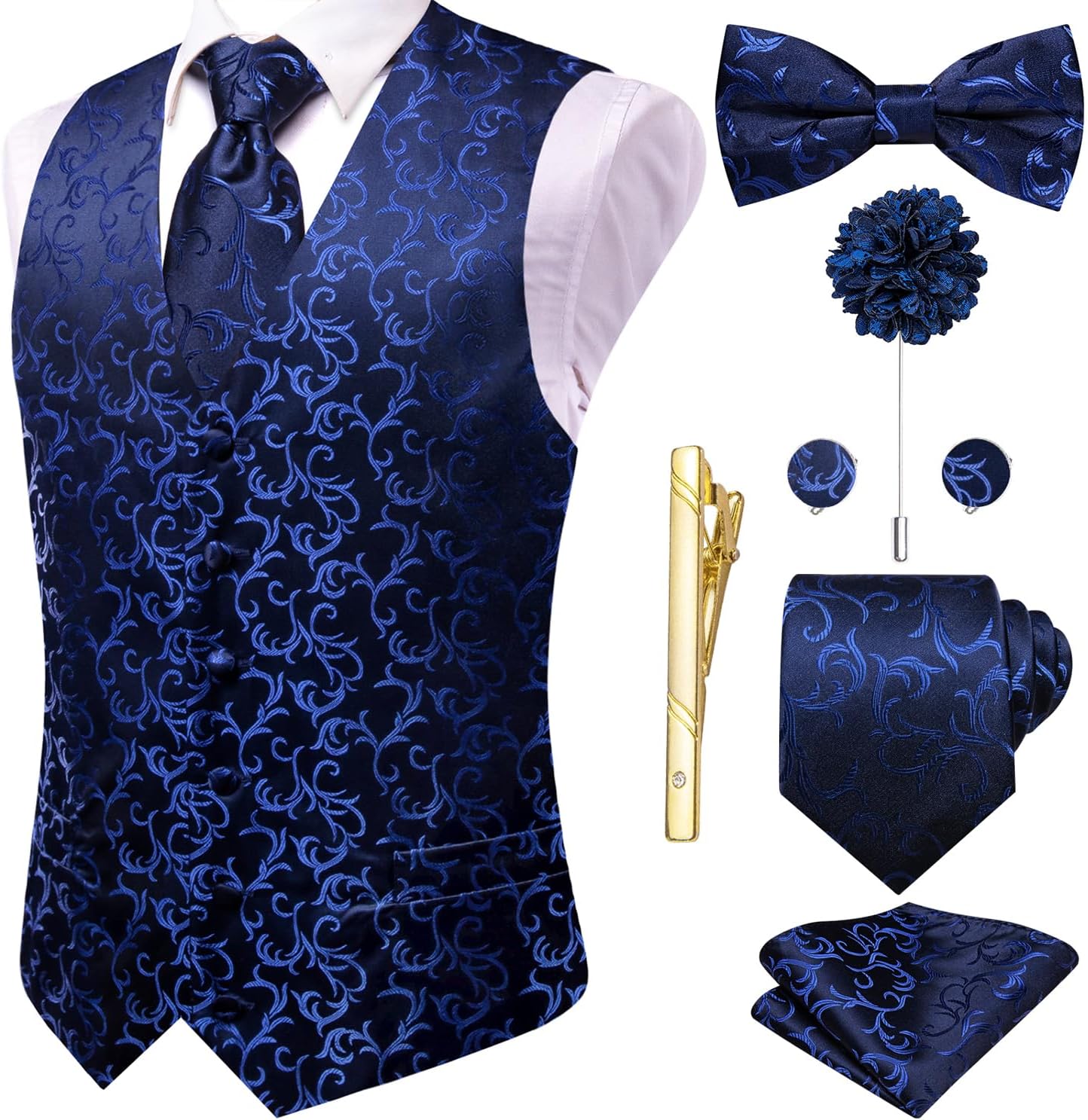 Hi-Tie Silk Mens Suit Vest Set with Tie and Bowtie for Weddings