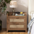 Rattan Nightstand End Table with Type-C Charging - Natural Oak