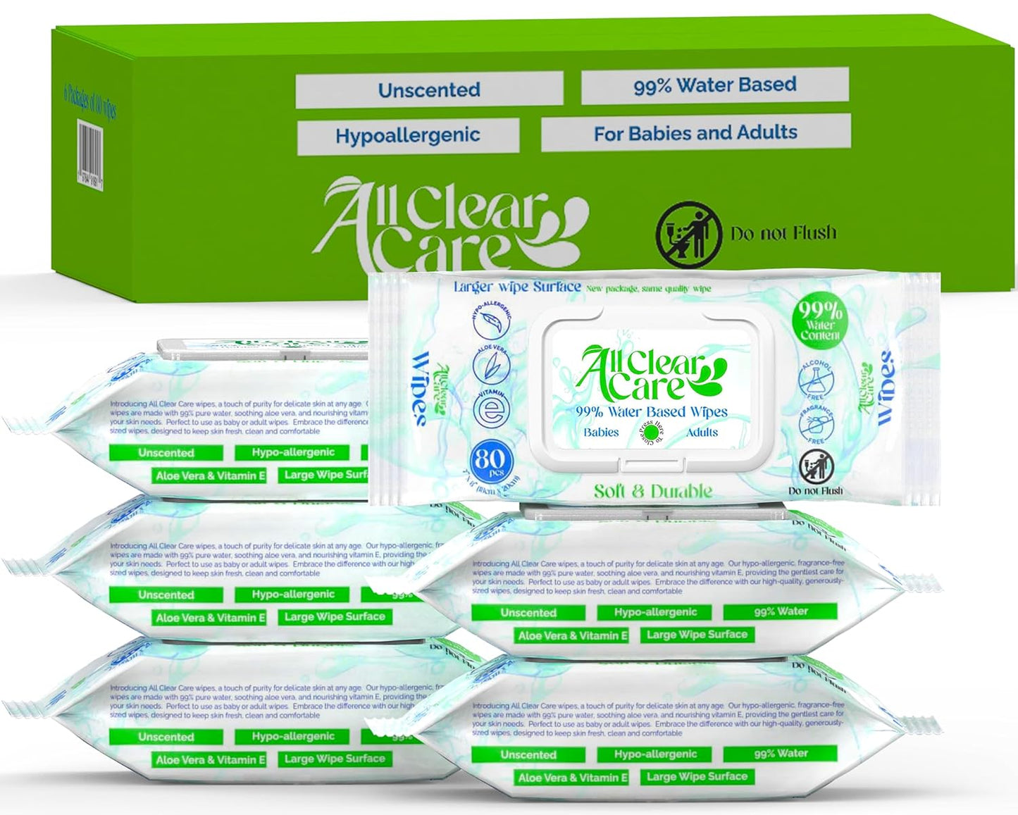 All Clear Care Unscented Baby Wipes - Gentle, 99% Water Based, Vitamin E & Aloe - 6 Pack
