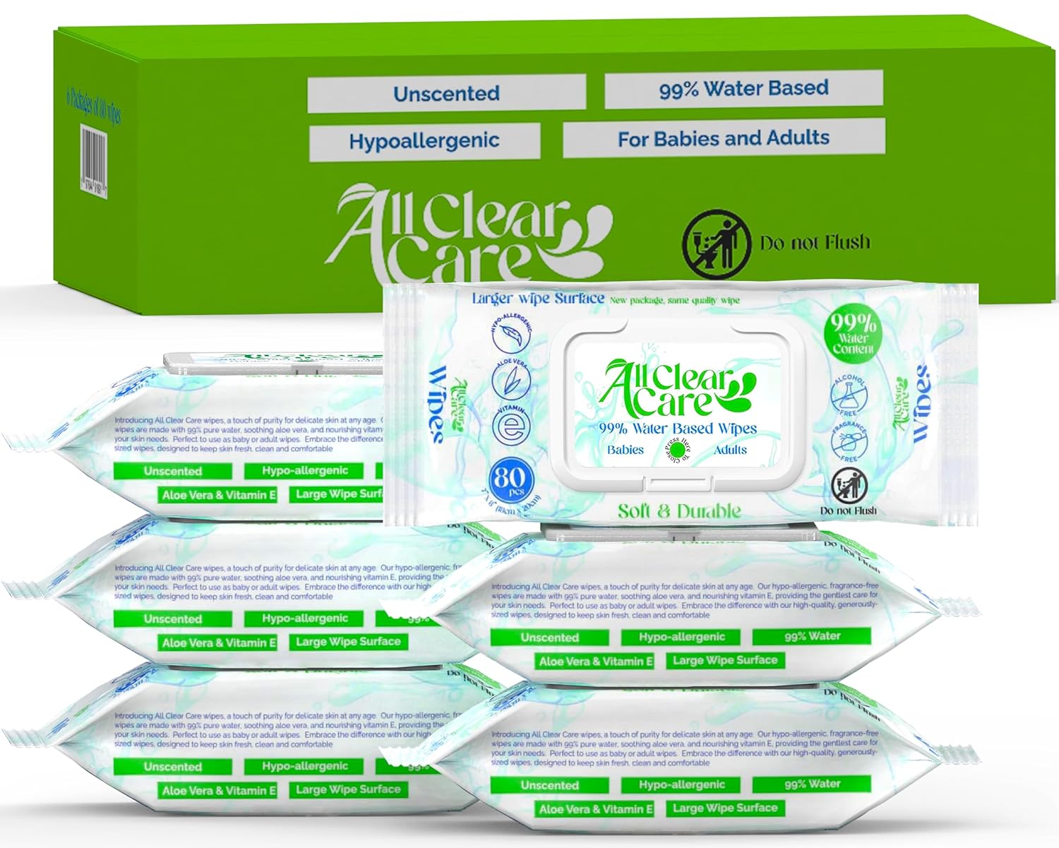 All Clear Care Unscented Baby Wipes - Gentle, 99% Water Based, Vitamin E & Aloe - 6 Pack