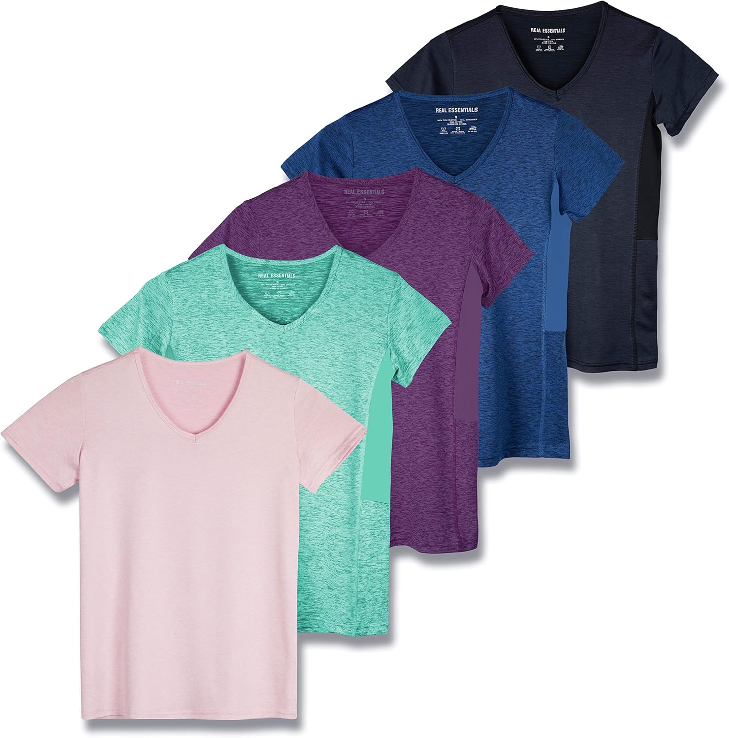 Real Essentials Women's Dry Fit V Neck Workout Tops 5 Pack