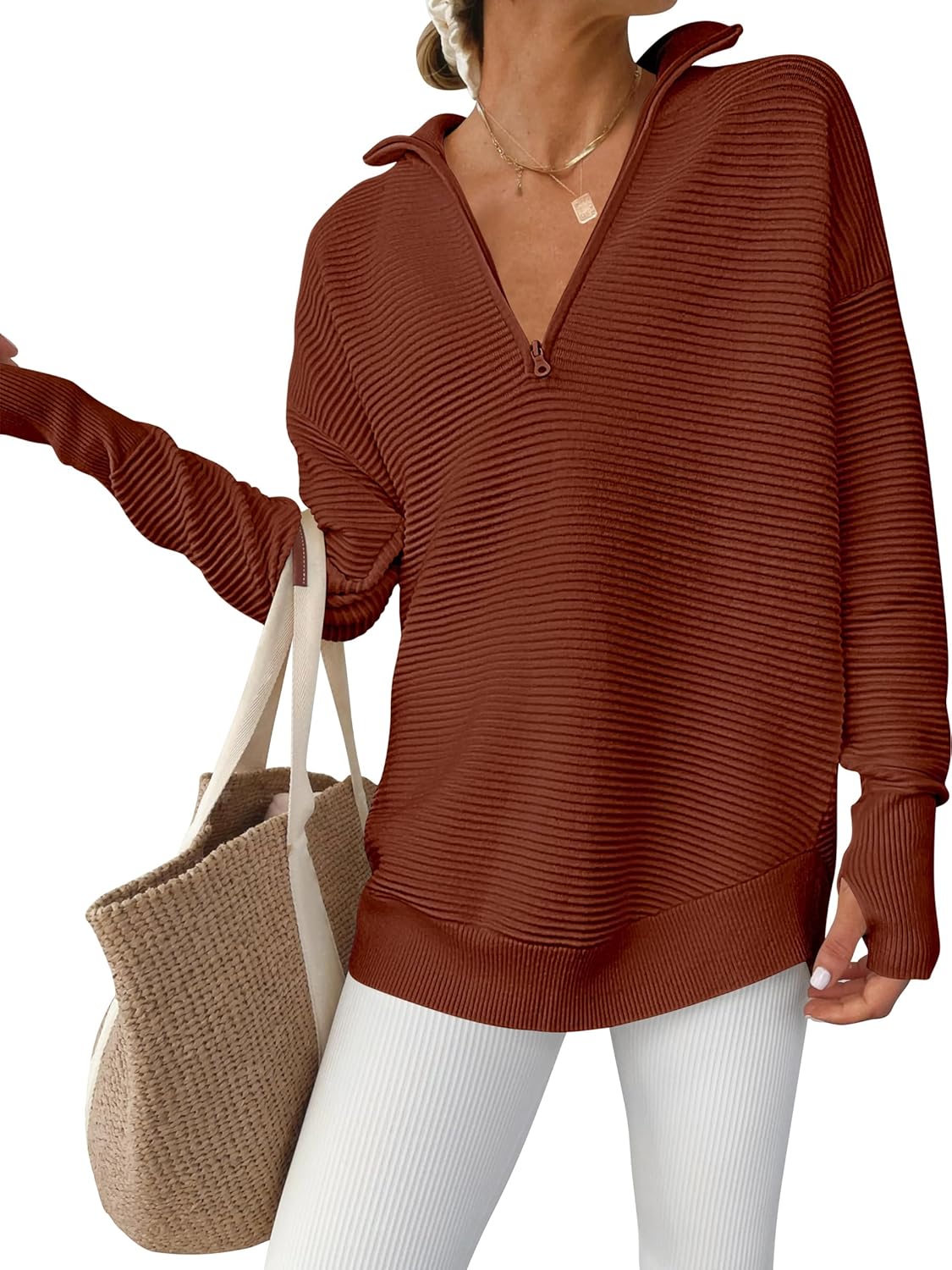 Womens Long Sleeve Quarter Zip Pullover Sweater for Casual Style
