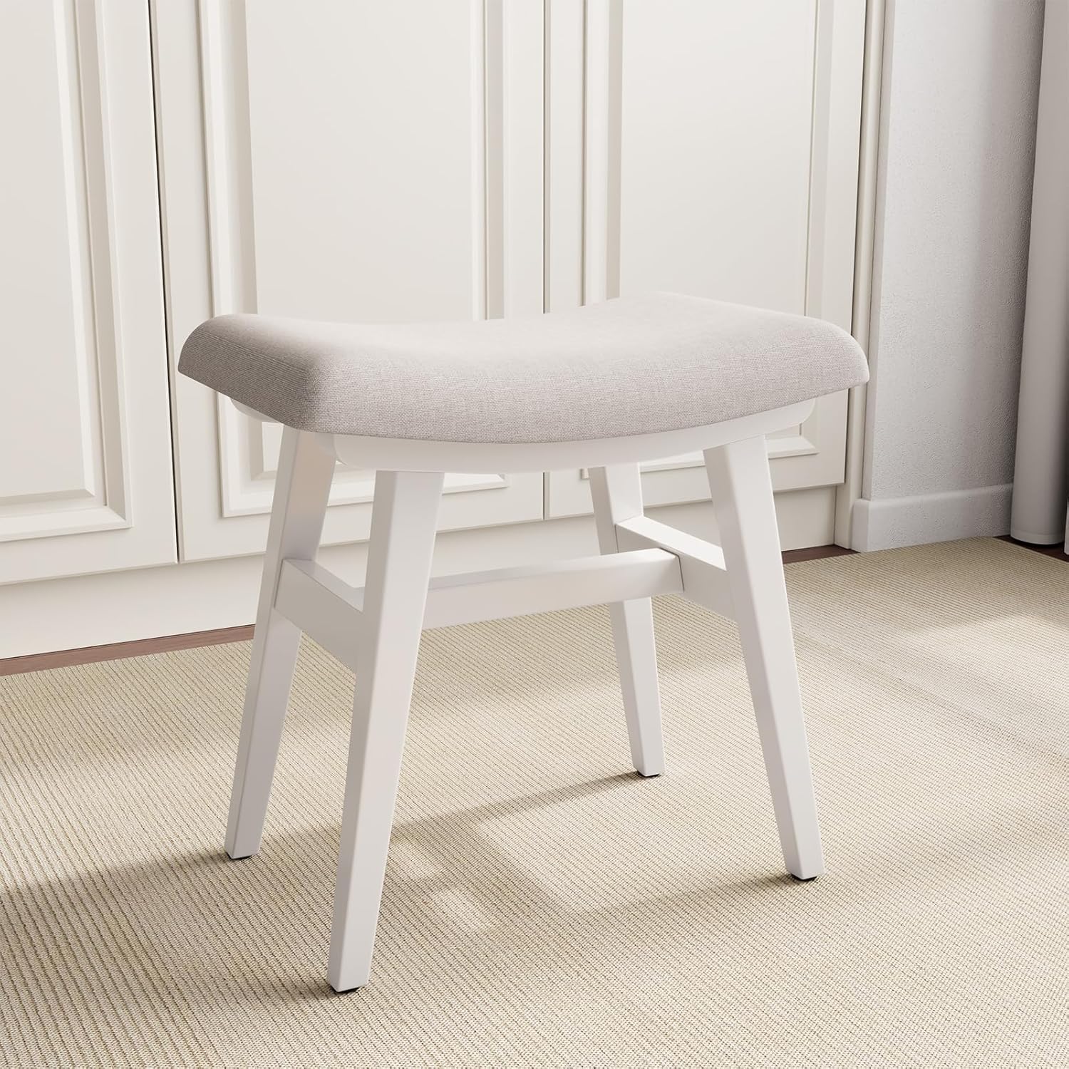 Solid Wood Small Vanity Stool with Saddle Cushion for Comfort