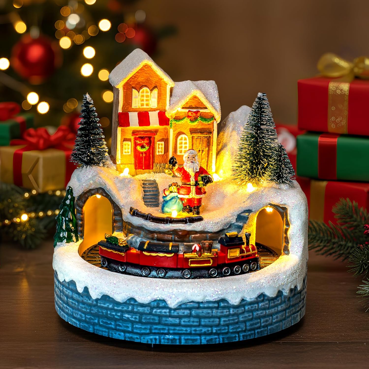 Animated Christmas Village Figurine with Lighted Santa Claus