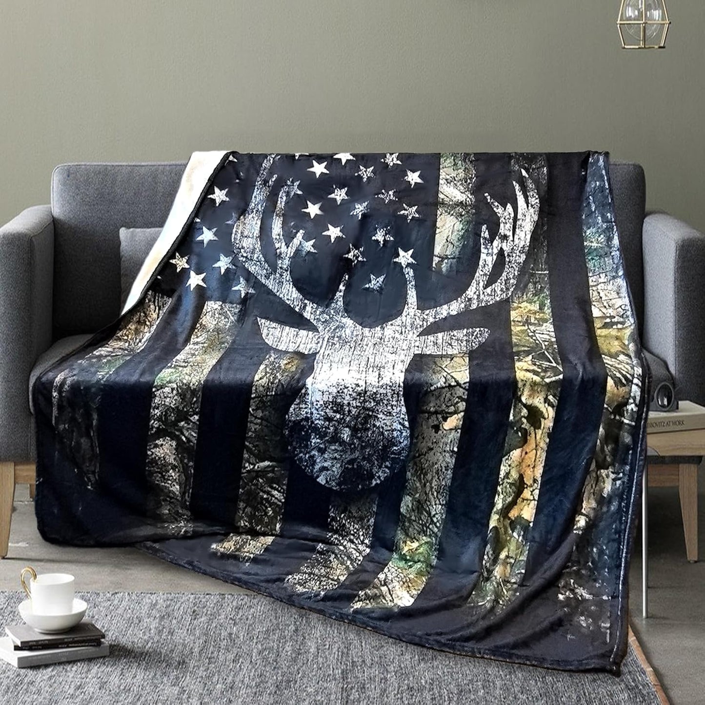 Hunting Camo Deer Blanket | USA Flag Throw for Men