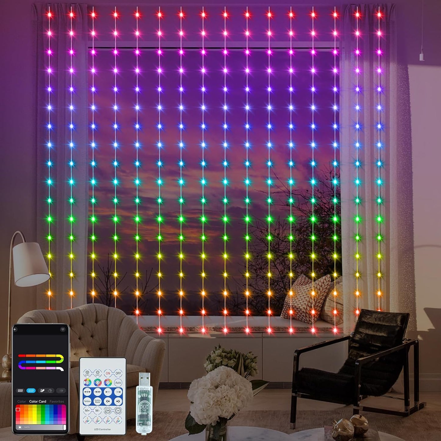 Music Sync RGB Curtain Lights - 144 LEDs