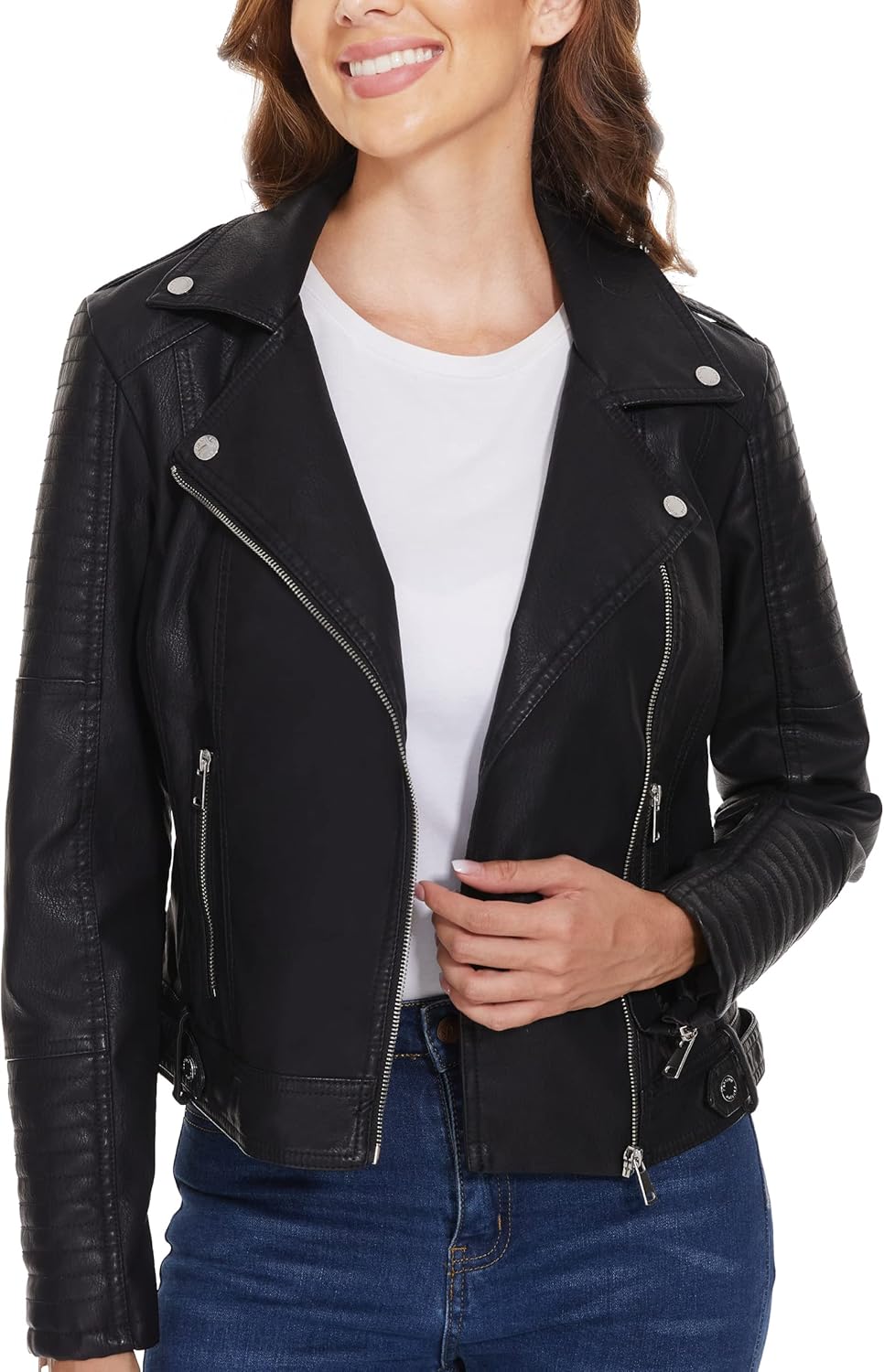 Fahsyee Women's Faux Leather Jacket - Stylish Moto Biker Coat