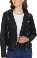 Fahsyee Women's Faux Leather Motorcycle Jacket - Slim Zip Up Short