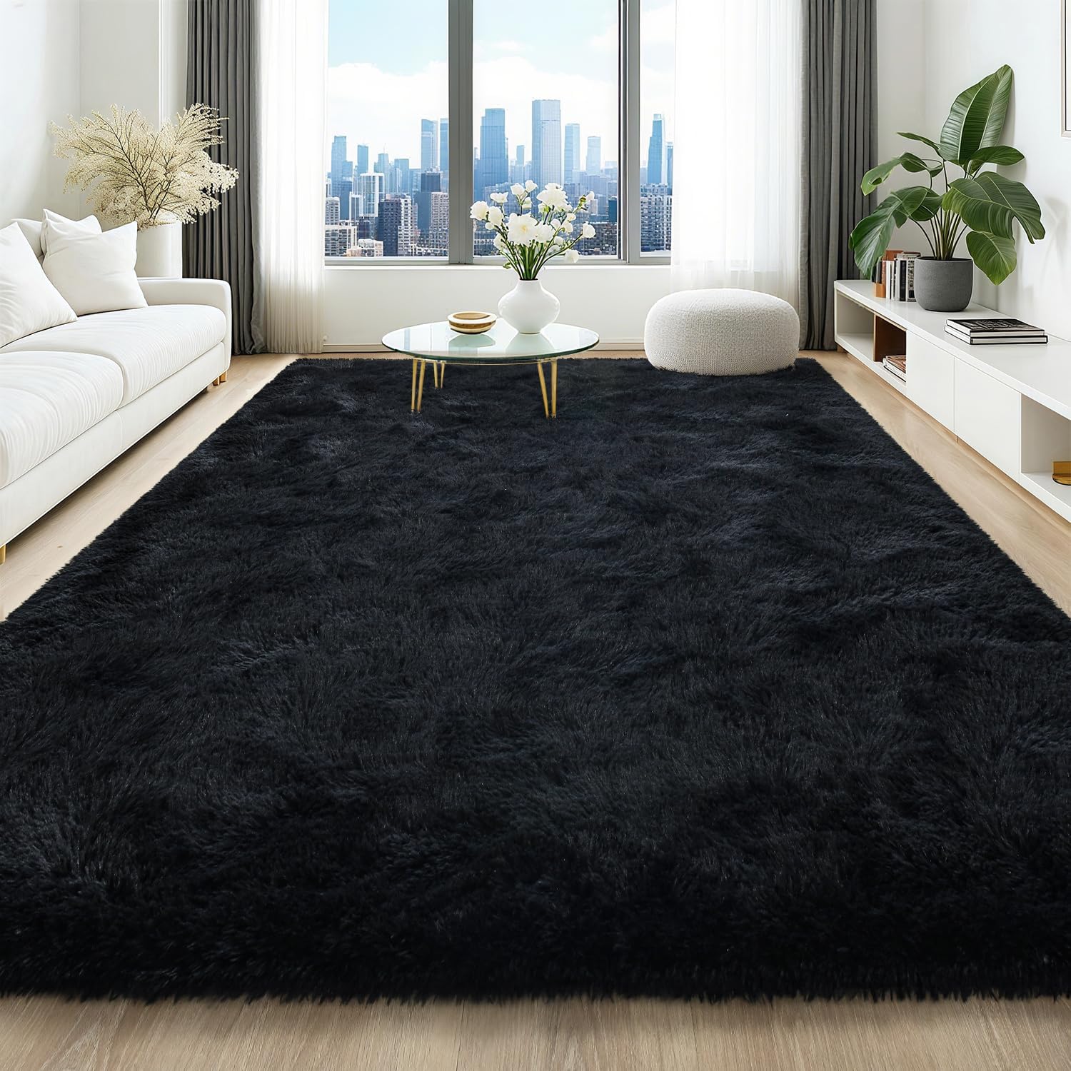HQAYW 6x9 Fluffy Black Area Rugs for Living Room and Bedroom