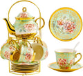 Porcelain Tea Set 20 Pieces with Metal Holder - Elegant Flower Design