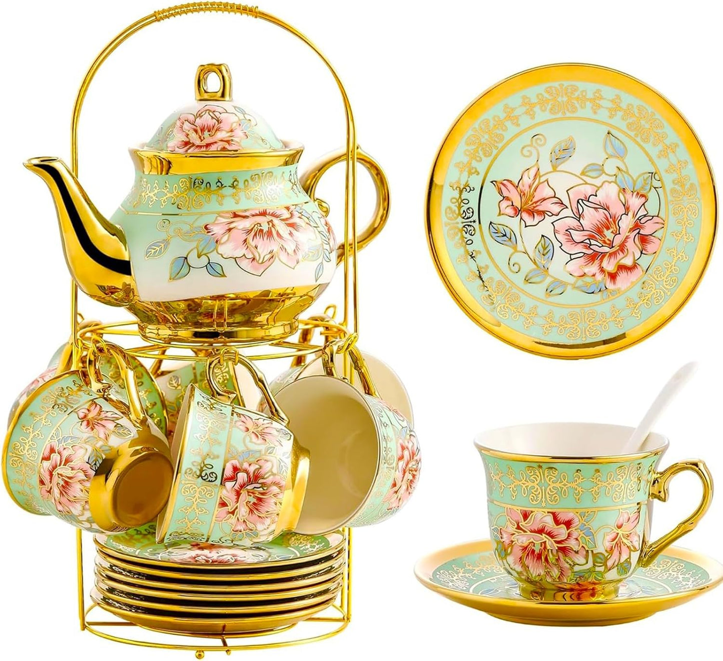 20 Pieces Porcelain Tea Set With Metal Holder for Elegant Tea Time