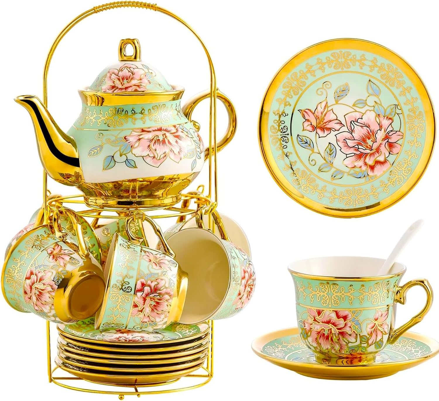 20 Pieces Porcelain Tea Set With Metal Holder for Elegant Tea Time