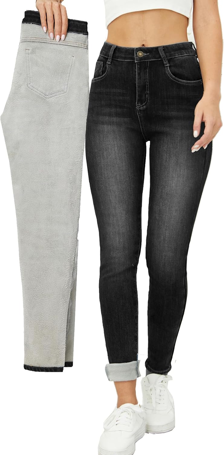 Fleece Lined Winter Jeans for Women - Thermal Thick Denim Pants