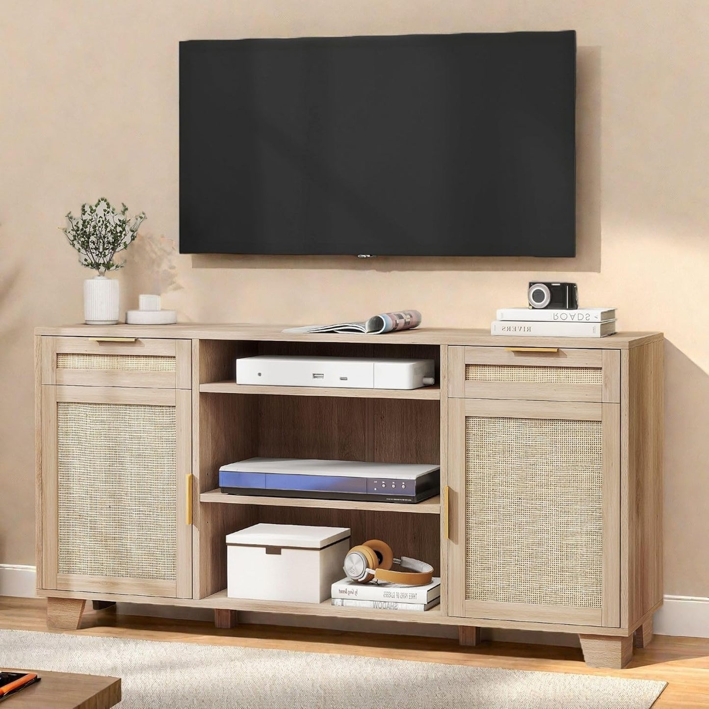 YITAHOME Rattan TV Stand: Boho Storage Solution