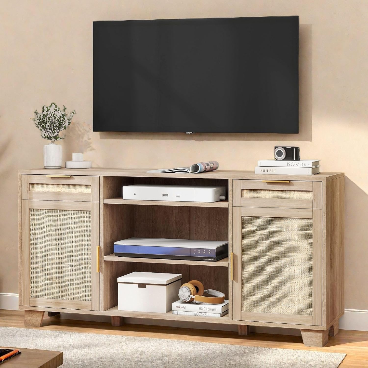 YITAHOME Rattan TV Stand: Boho Storage Solution