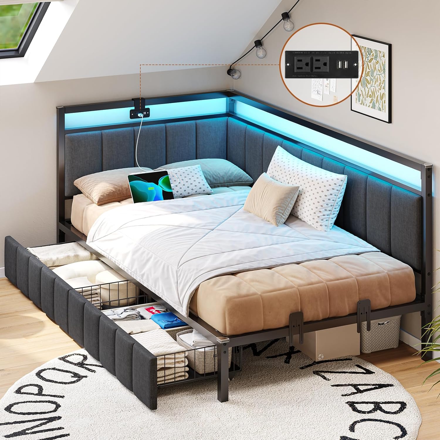 DICTAC Twin XL Bed Frame with Storage Drawers and LED Lights